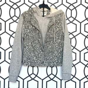 Wallflower Leopard Print Hybrid Hooded Denim Jacket, Gray, Size M